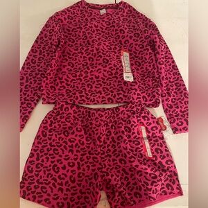 Size youth large, BCG brand pink cheetah short and top set, sweatpants material.